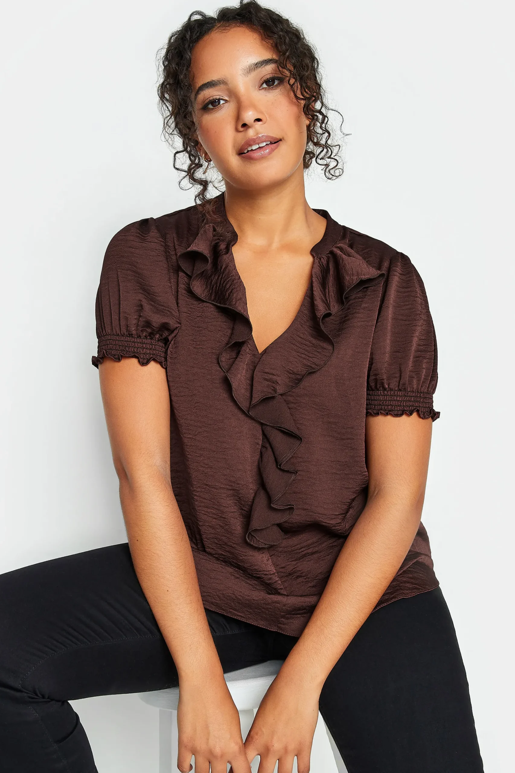 M&Co Womens M&Co Brown Frill Satin Blouse