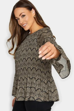 M&Co Womens M&Co Brown Long Sleeve Lace Print Pleat Top