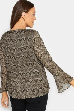 M&Co Womens M&Co Brown Long Sleeve Lace Print Pleat Top