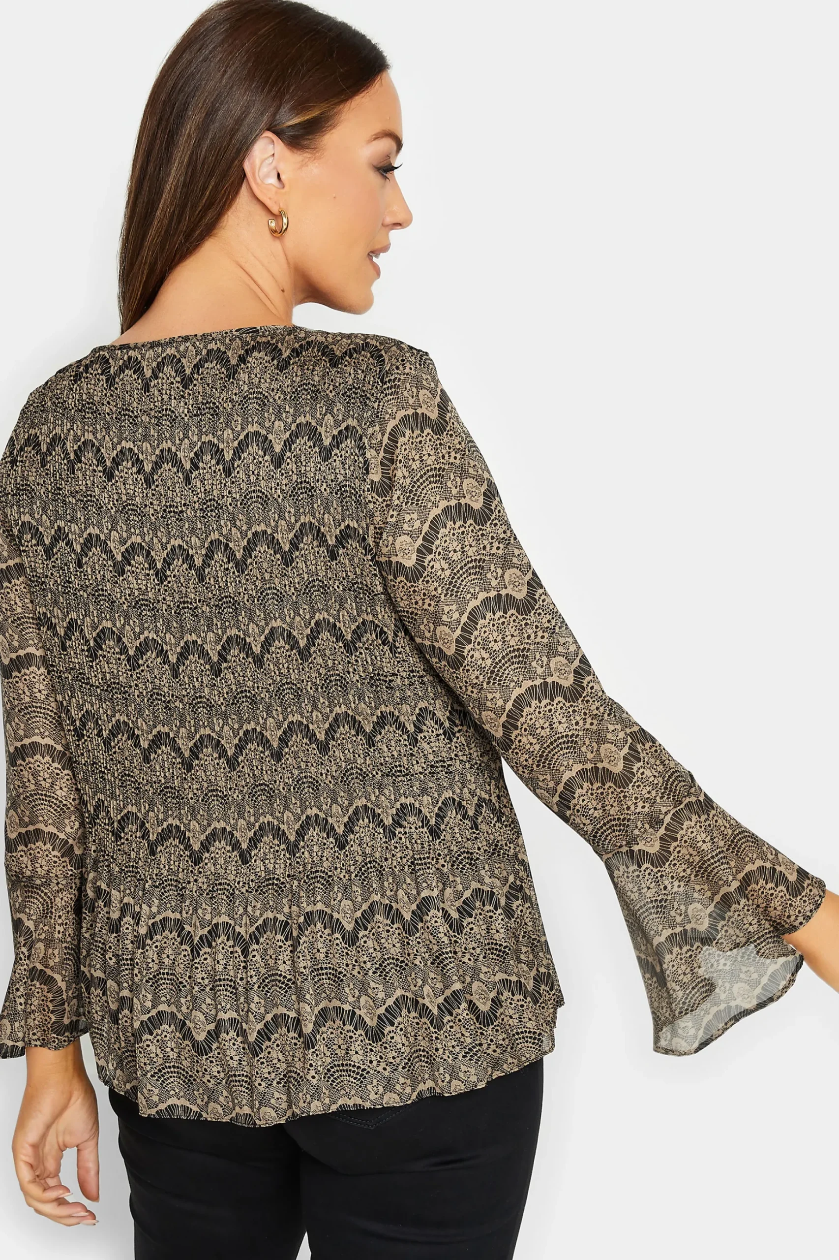 M&Co Womens M&Co Brown Long Sleeve Lace Print Pleat Top