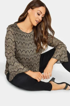 M&Co Womens M&Co Brown Long Sleeve Lace Print Pleat Top