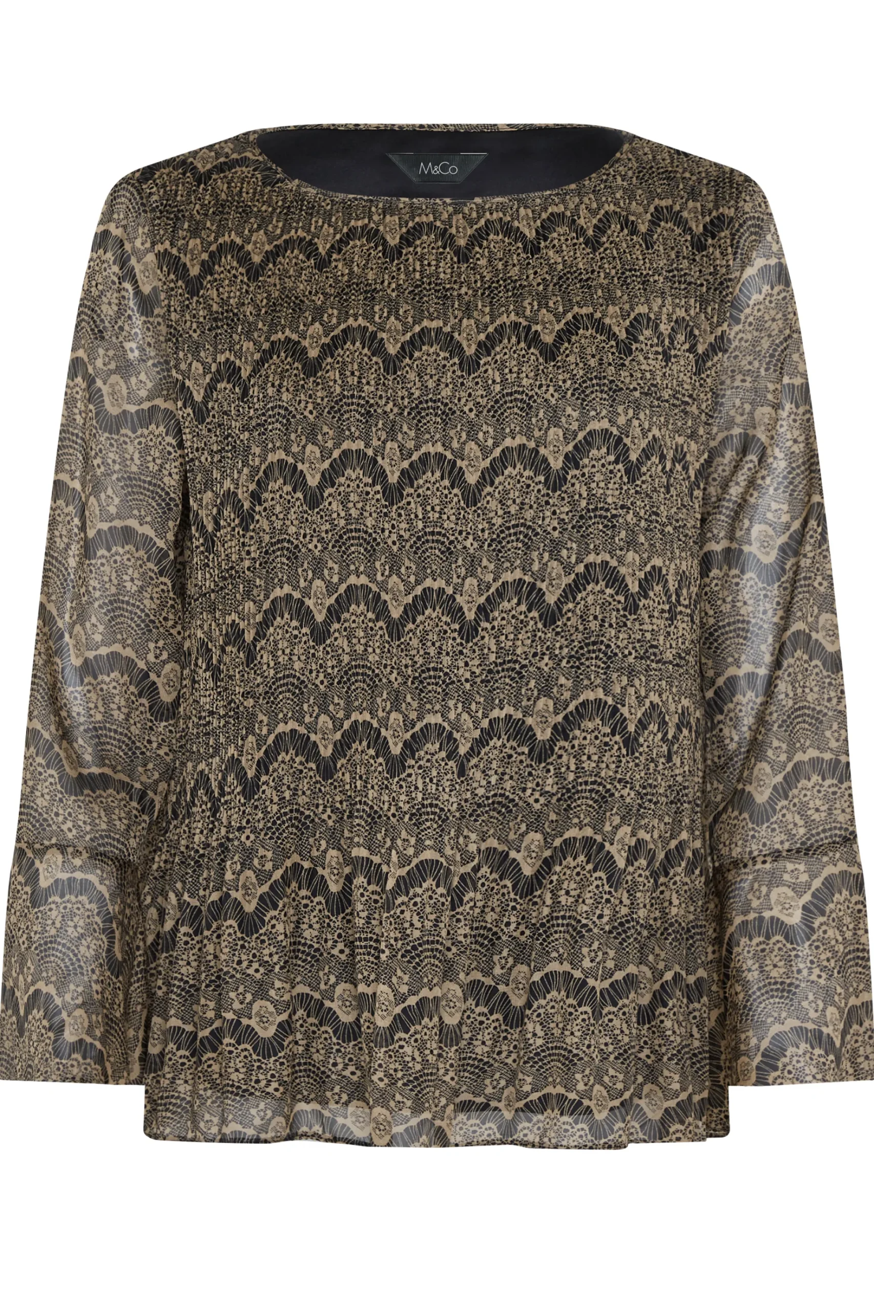 M&Co Womens M&Co Brown Long Sleeve Lace Print Pleat Top