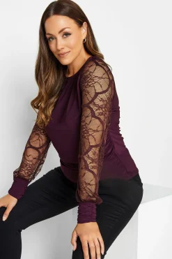 M&Co Womens M&Co Burgundy Red Lace Long Sleeve Top