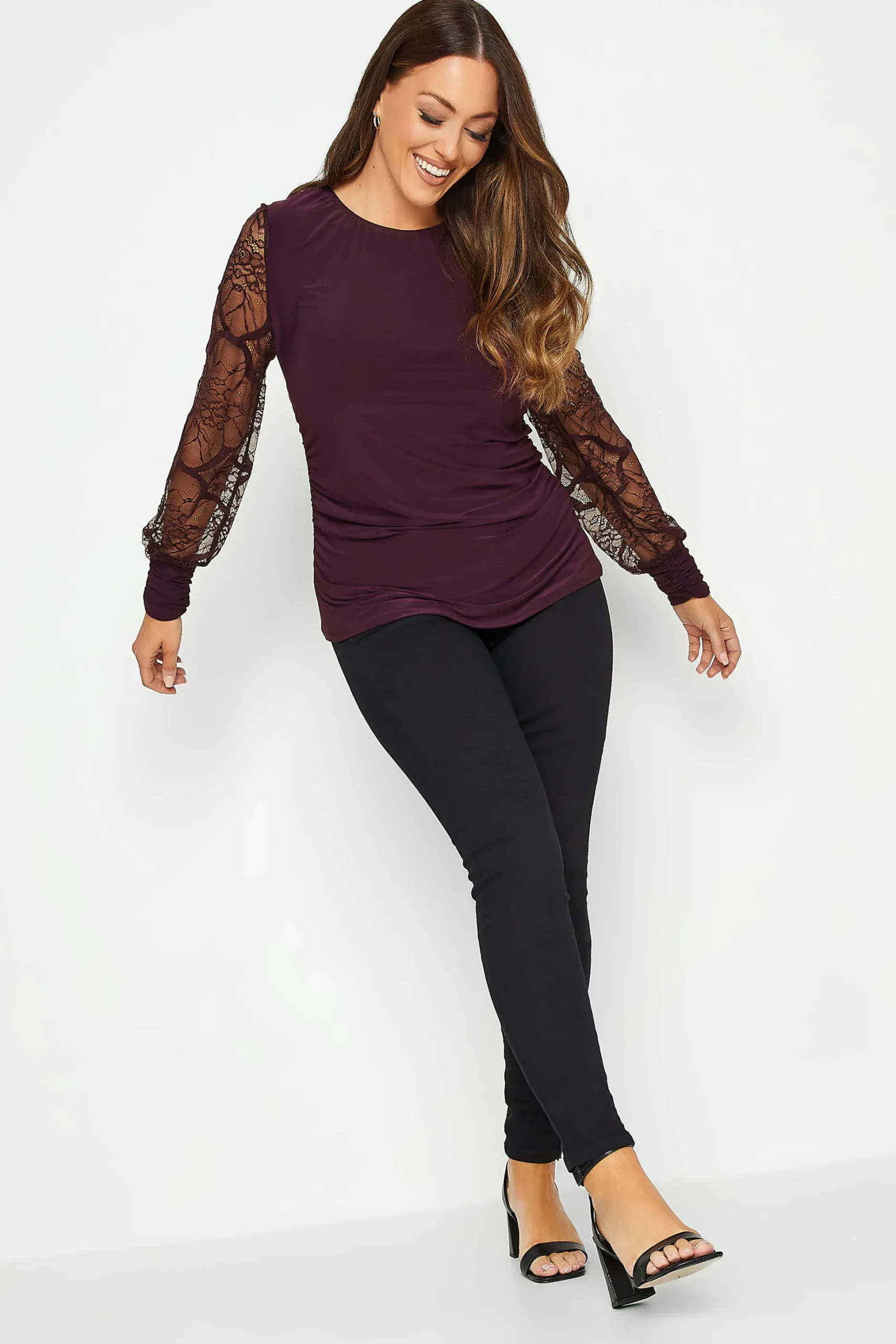 M&Co Womens M&Co Burgundy Red Lace Long Sleeve Top