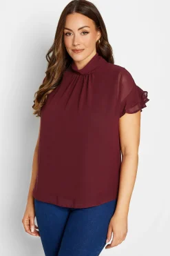 M&Co Womens M&Co Burgundy Red High Neck Frill Sleeve Blouse