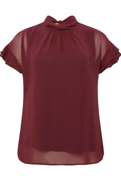 M&Co Womens M&Co Burgundy Red High Neck Frill Sleeve Blouse