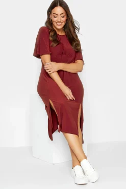 M&Co Womens M&Co Burgundy Red Angel Sleeve Split Hem Midi Dress