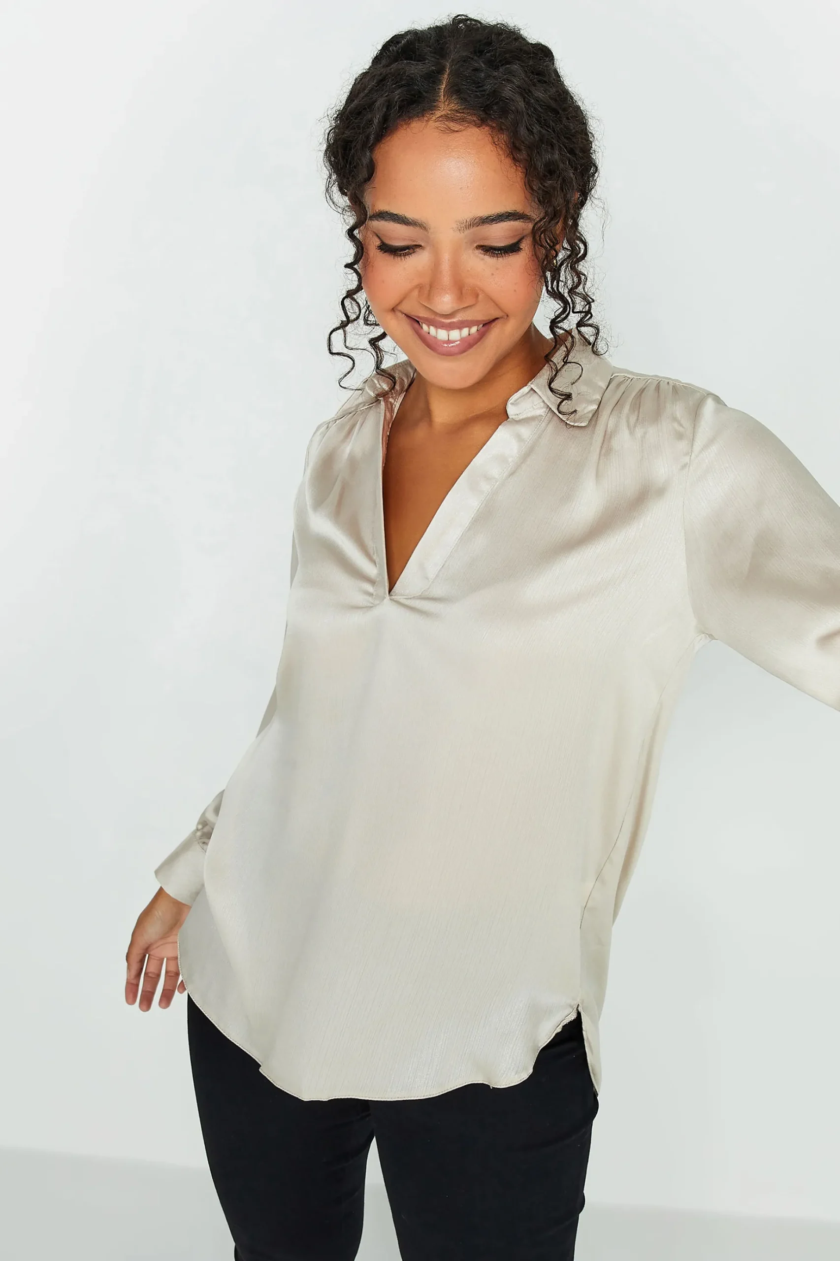 M&Co Womens M&Co Cream Satin V-Neck Blouse