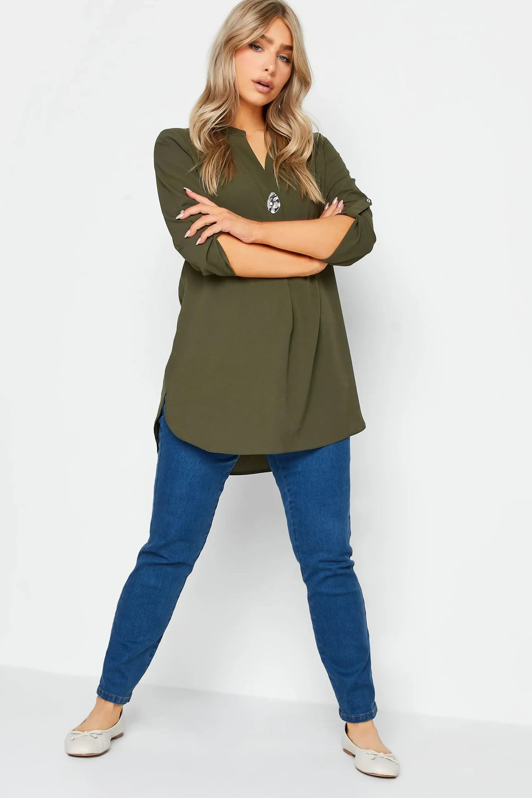 M&Co Womens M&Co Dark Green Statement Button Tab Sleeve Shirt