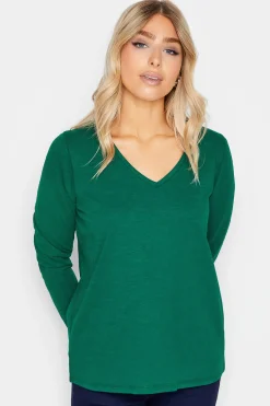 M&Co Womens M&Co Dark Green V-Neck Long Sleeve Cotton Blend T-Shirt