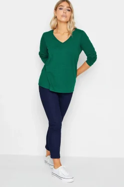M&Co Womens M&Co Dark Green V-Neck Long Sleeve Cotton Blend T-Shirt