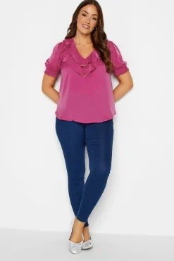 M&Co Womens M&Co Dark Pink Frill Front Blouse