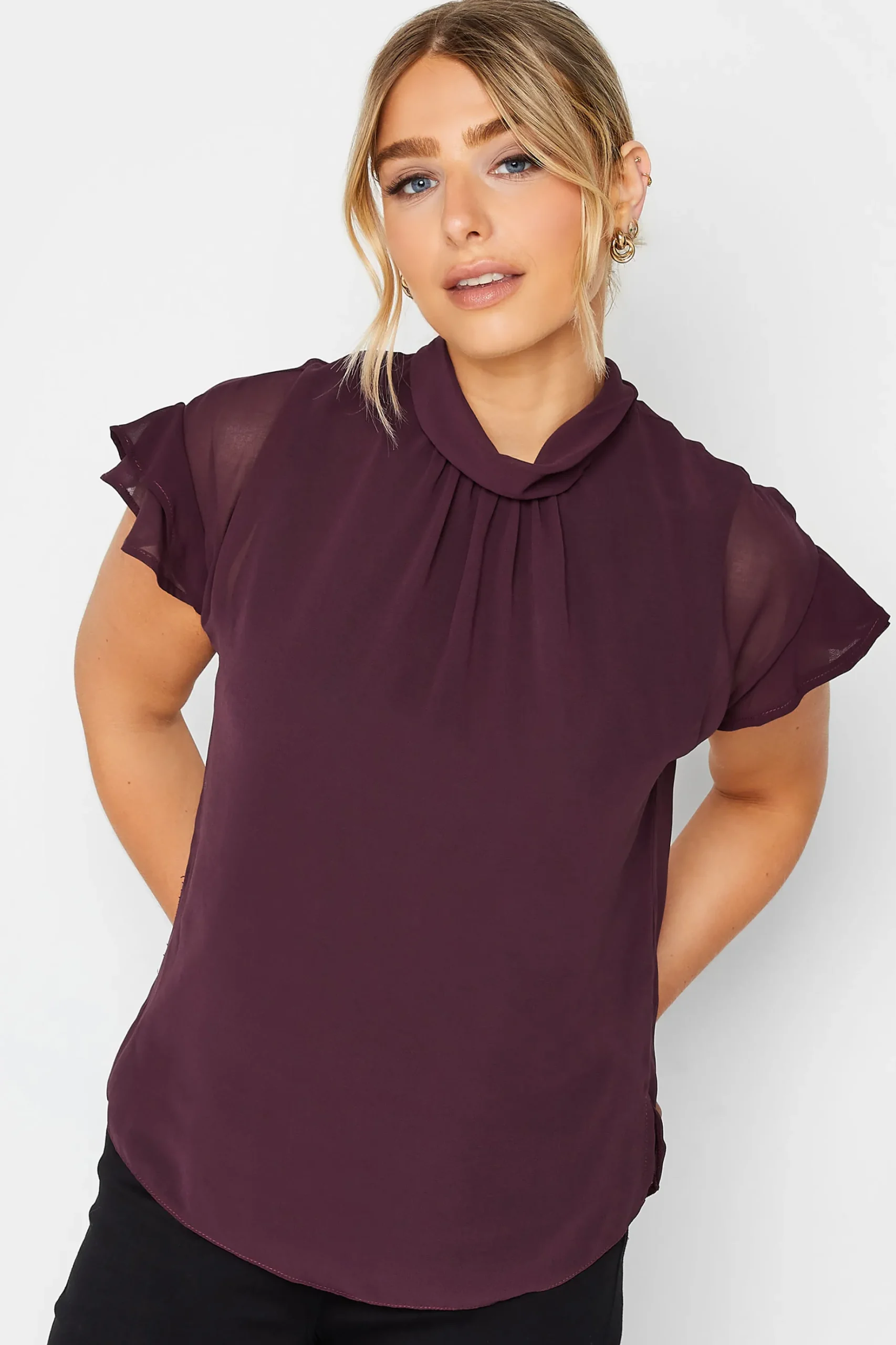 M&Co Womens M&Co Dark Purple High Neck Frill Sleeve Blouse