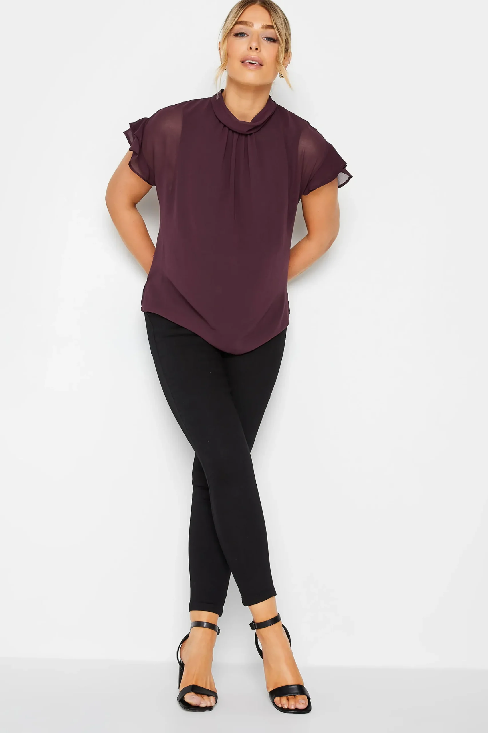 M&Co Womens M&Co Dark Purple High Neck Frill Sleeve Blouse