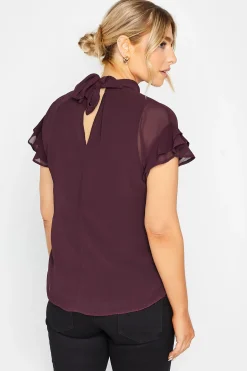 M&Co Womens M&Co Dark Purple High Neck Frill Sleeve Blouse