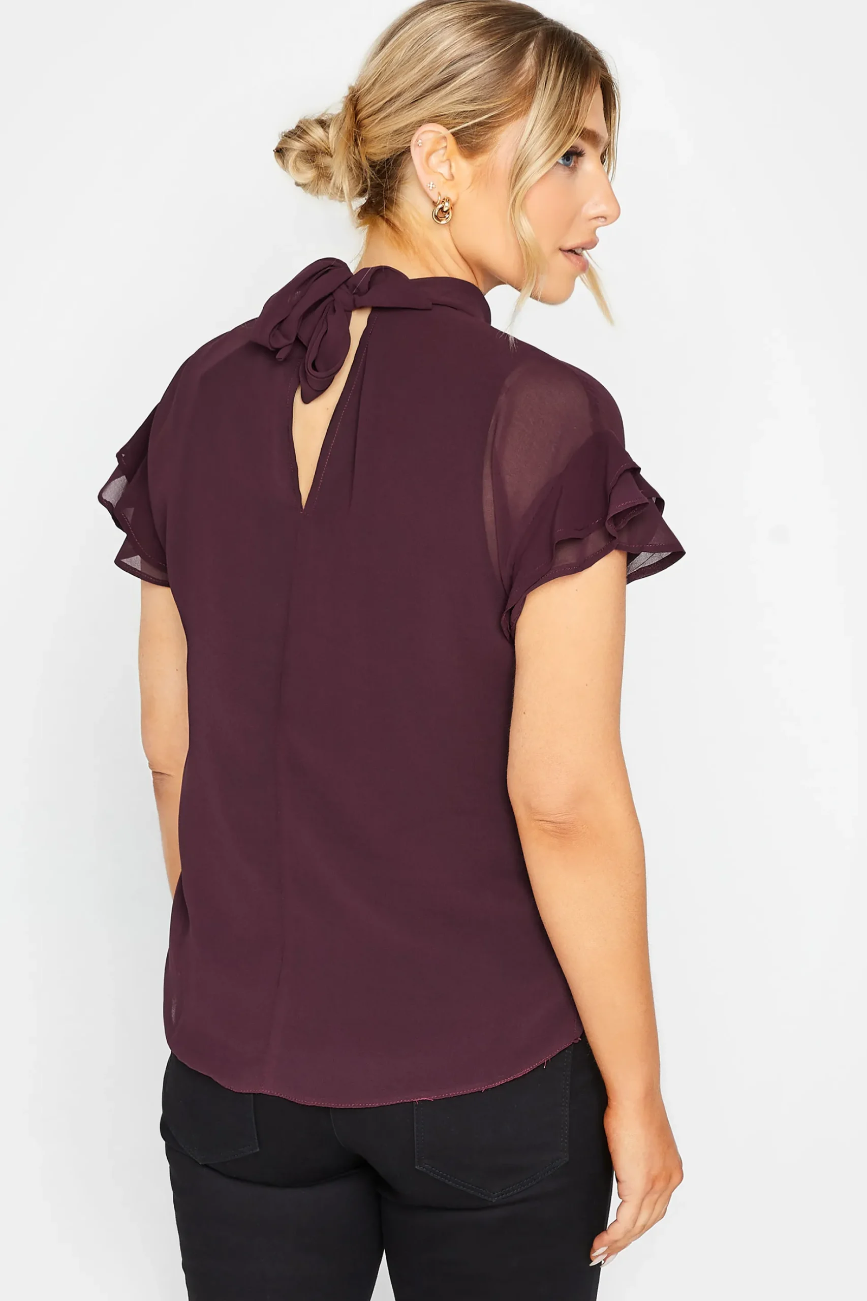 M&Co Womens M&Co Dark Purple High Neck Frill Sleeve Blouse