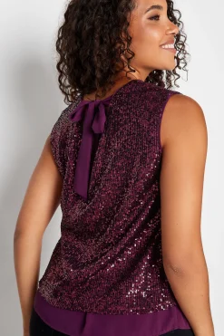 M&Co Womens M&Co Dark Purple Sequin Tie Back Top