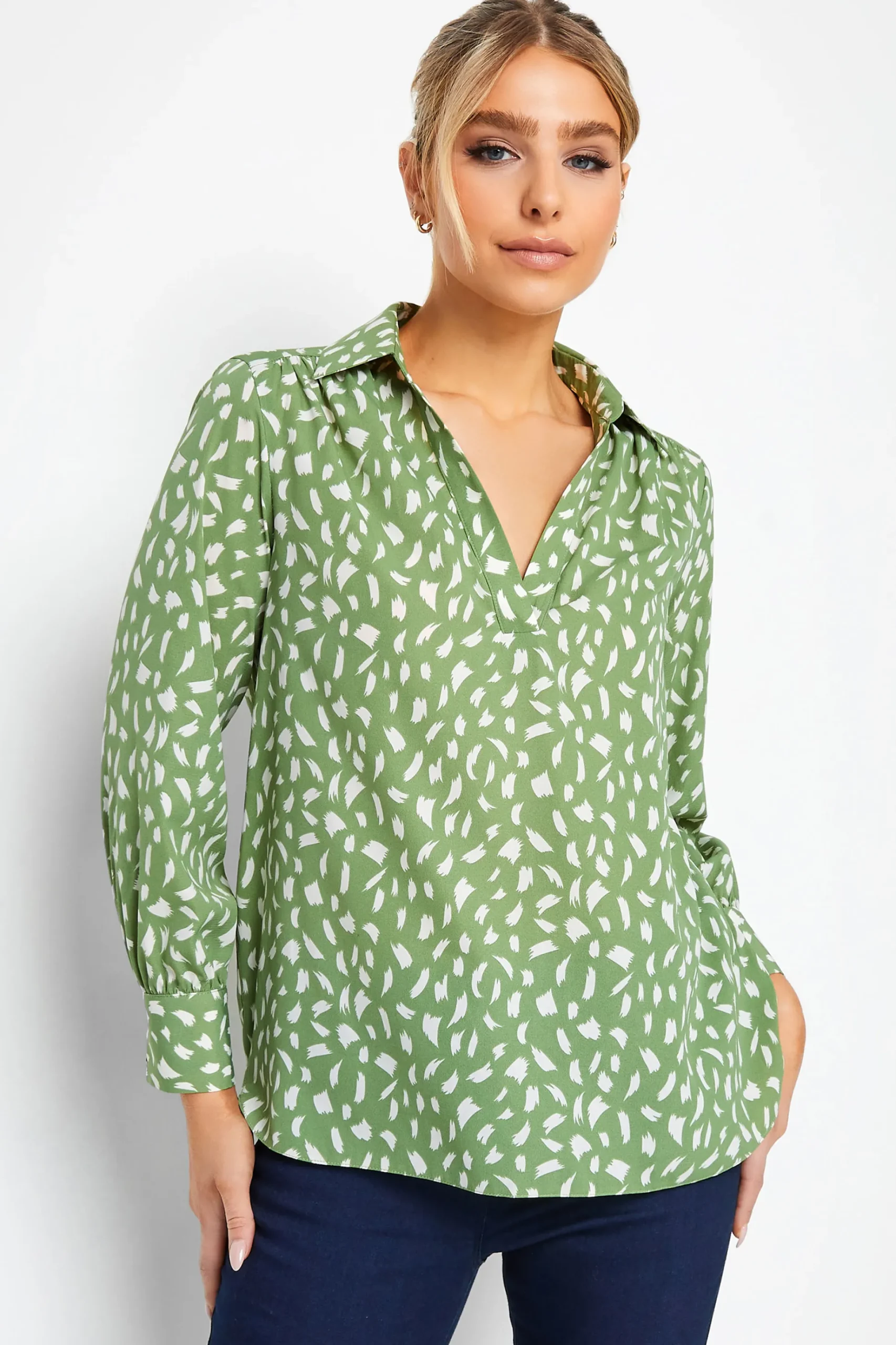 M&Co Womens M&Co Green Brush Stroke Print Half Placket Shirt