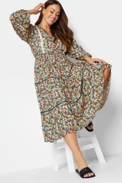M&Co Womens M&Co Green Floral Print Crochet Trim Maxi Dress