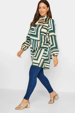 M&Co Womens M&Co Green Geometric Print High Neck Tunic Blouse