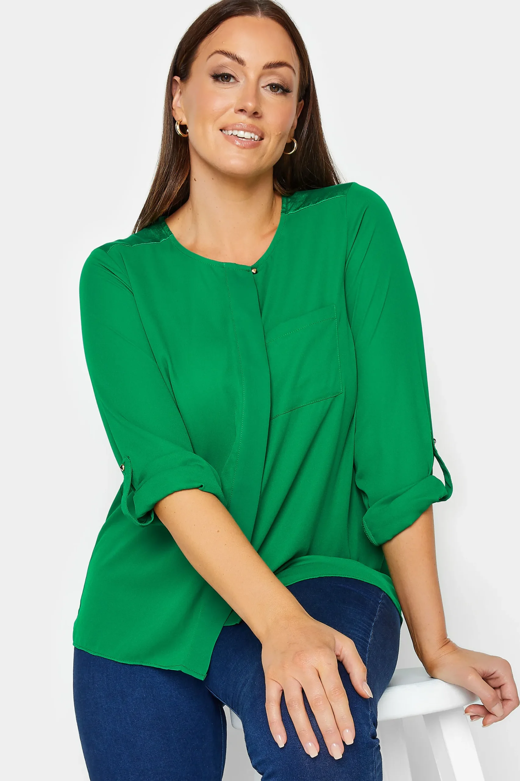 M&Co Womens M&Co Green Satin Contrast Panel Shirt