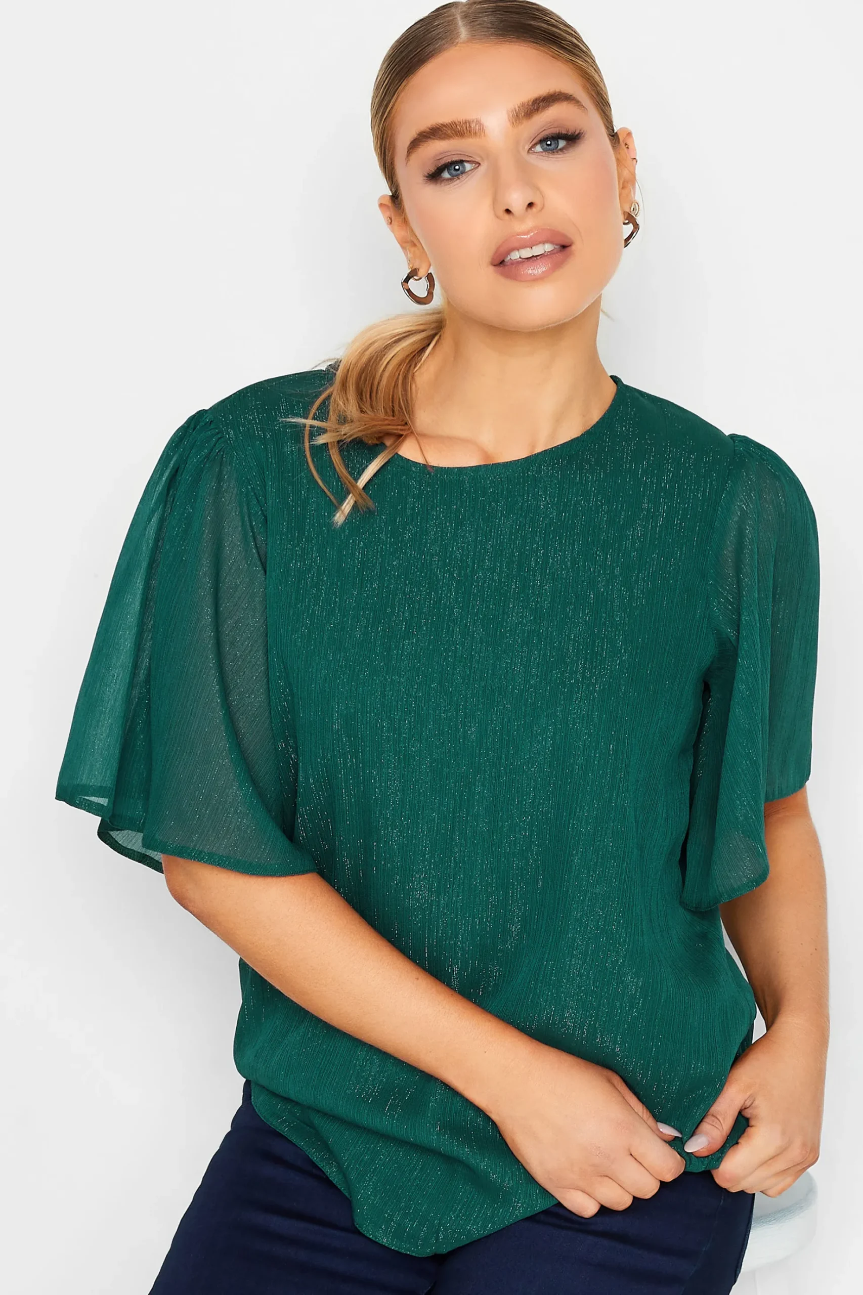 M&Co Womens M&Co Green Shimmer Angel Sleeve Blouse
