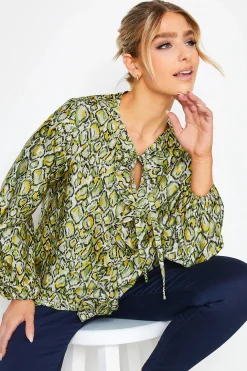 M&Co Womens M&Co Green Snake Print Tie Neck Blouse