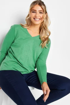 M&Co Womens M&Co Green V-Neck Long Sleeve Cotton T-Shirt