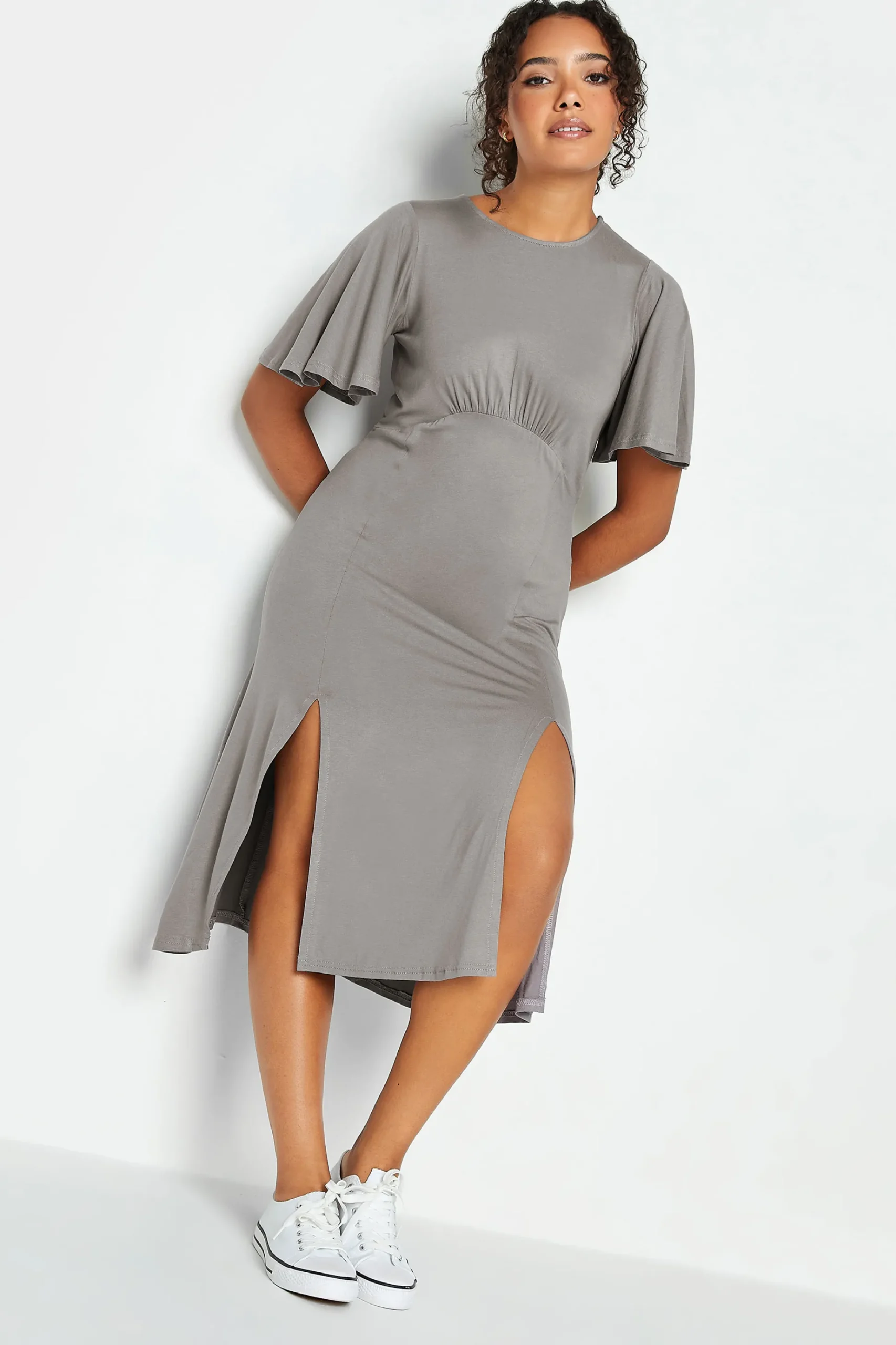 M&Co Womens M&Co Grey Angel Sleeve Split Hem Midi Dress