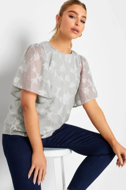 M&Co Womens M&Co Grey Floral Shimmer Angel Sleeve Blouse
