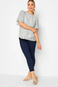 M&Co Womens M&Co Grey Floral Shimmer Angel Sleeve Blouse