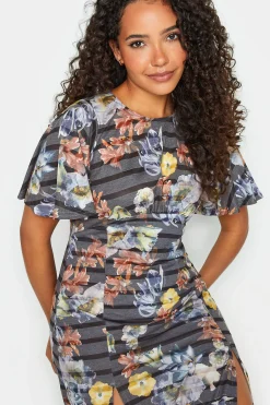 M&Co Womens M&Co Grey Floral Stripe Angel Sleeve Split Hem Midi Dress