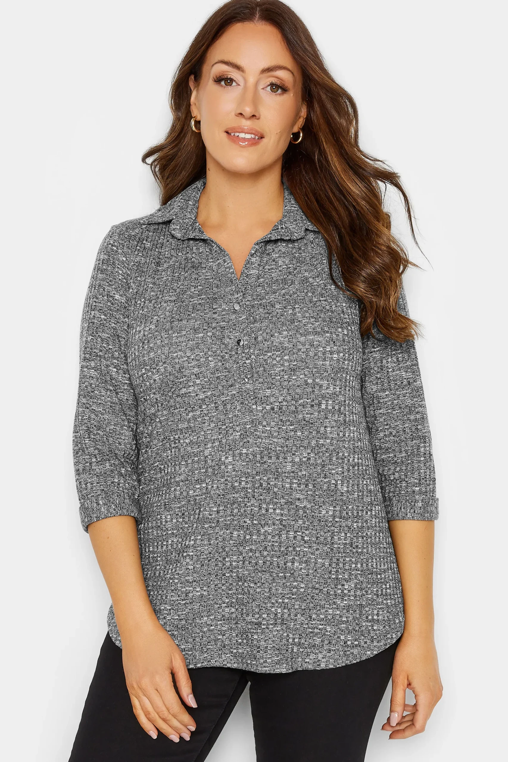 M&Co Womens M&Co Grey Marl Half Placket Jersey Shirt