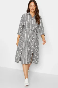 M&Co Womens M&Co Grey Stripe Button Through Tie Waist Cotton Dress