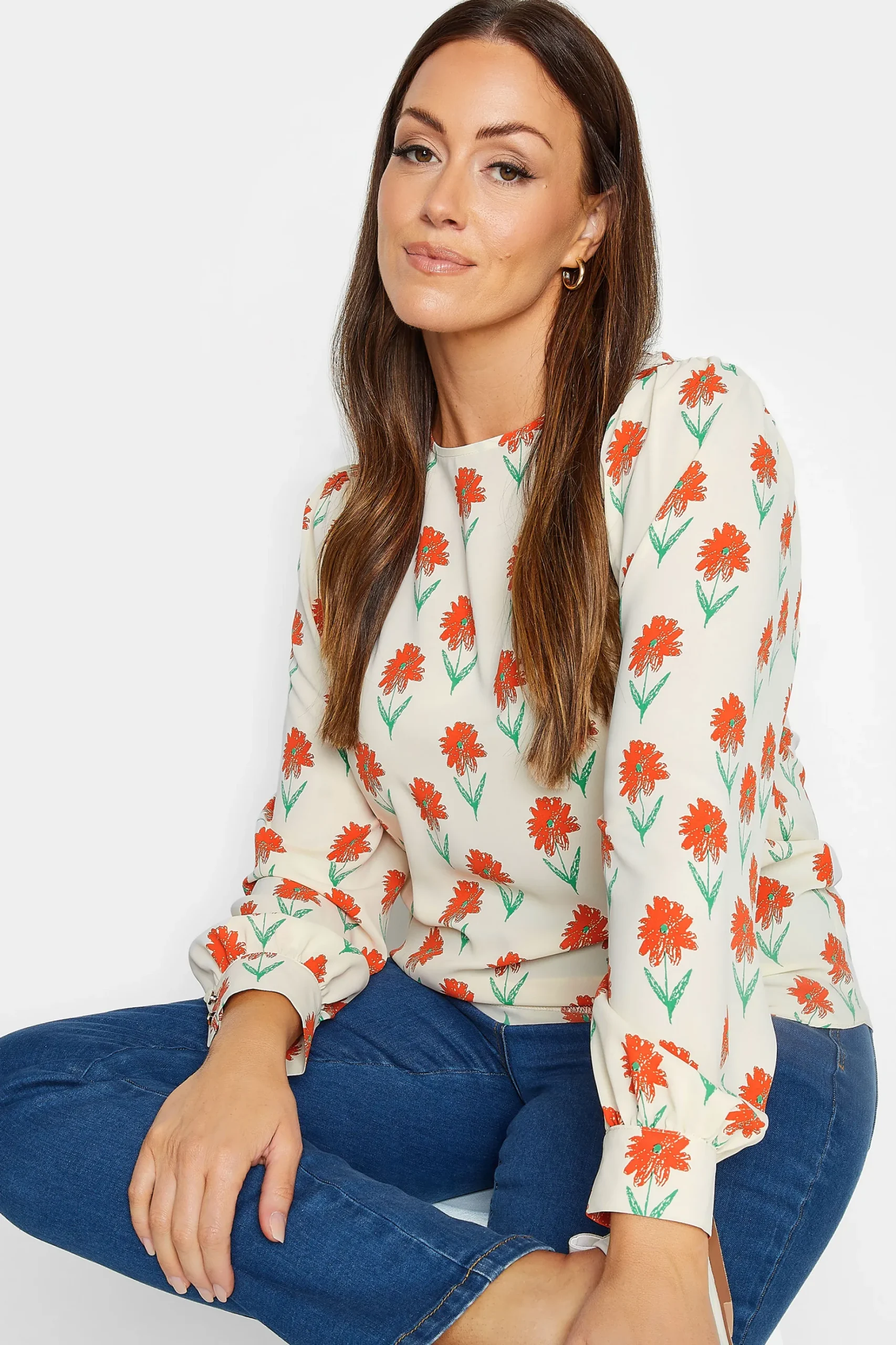 M&Co Womens M&Co Ivory White Floral Print Long Sleeve Blouse