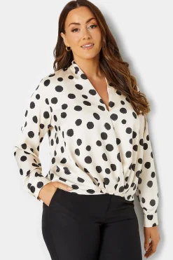 M&Co Womens M&Co Ivory White Polka Dot Print Wrap Front Blouse