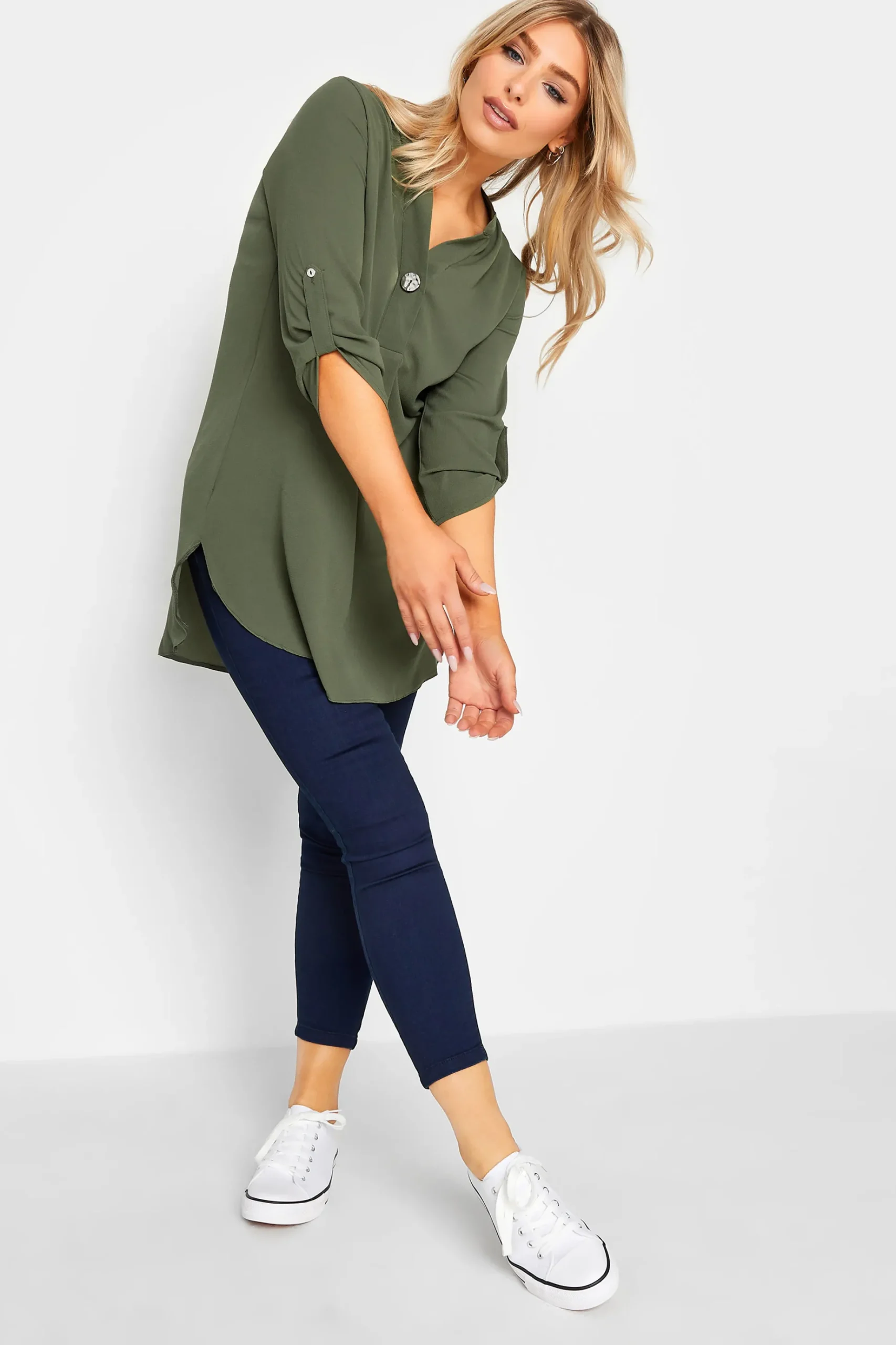 M&Co Womens M&Co Khaki Green Statement Button Tab Sleeve Shirt
