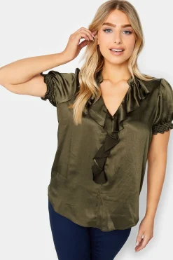 M&Co Womens M&Co Khaki Green Frill Satin Blouse