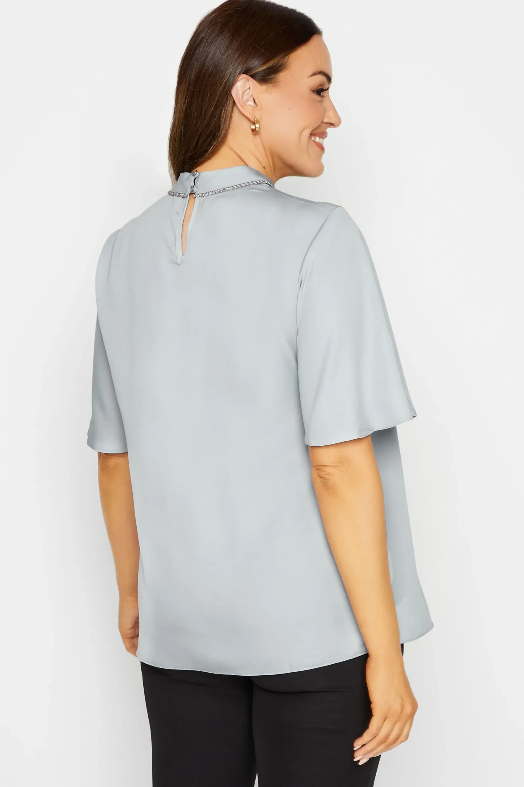 M&Co Womens M&Co Light Blue Embellished Neck Keyhole Blouse