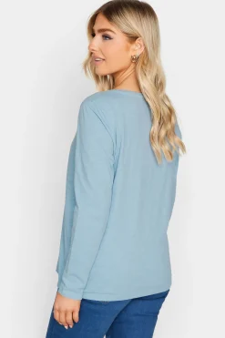 M&Co Womens M&Co Light Blue V-Neck Long Sleeve Cotton Blend T-Shirt