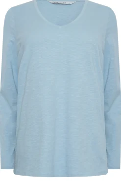 M&Co Womens M&Co Light Blue V-Neck Long Sleeve Cotton Blend T-Shirt