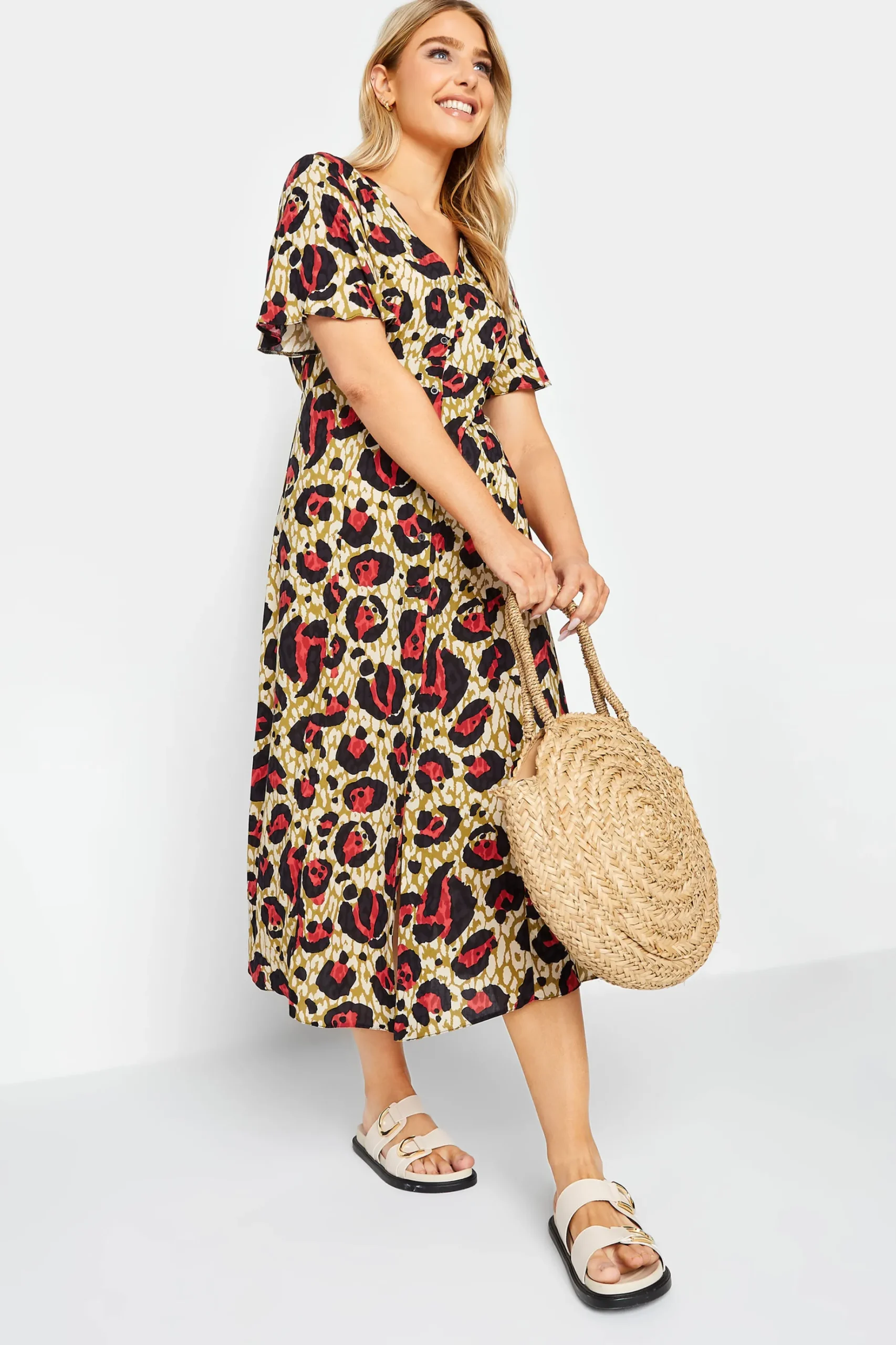 M&Co Womens M&Co Natural Brown & Red Animal Print Midi Button Through Tea Dress