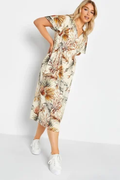 M&Co Womens M&Co Natural Brown Tropical Print Shirred Waist Midi Dress