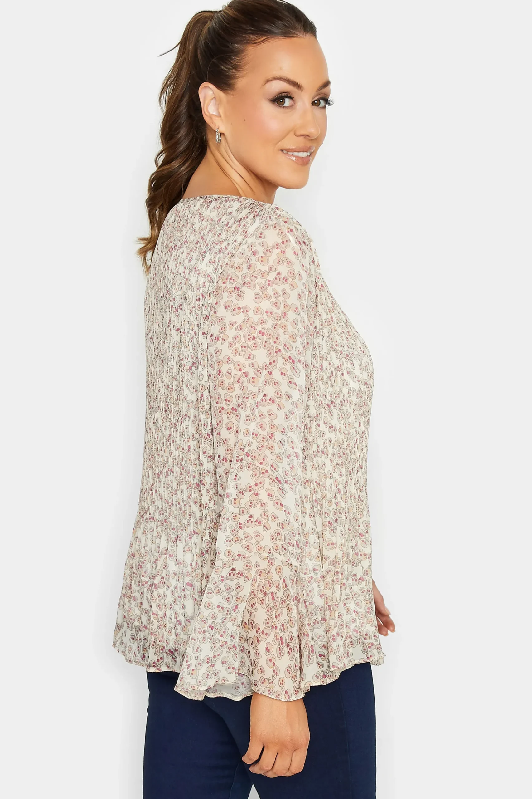 M&Co Womens M&Co Natural Brown Skull Print Pleated Blouse