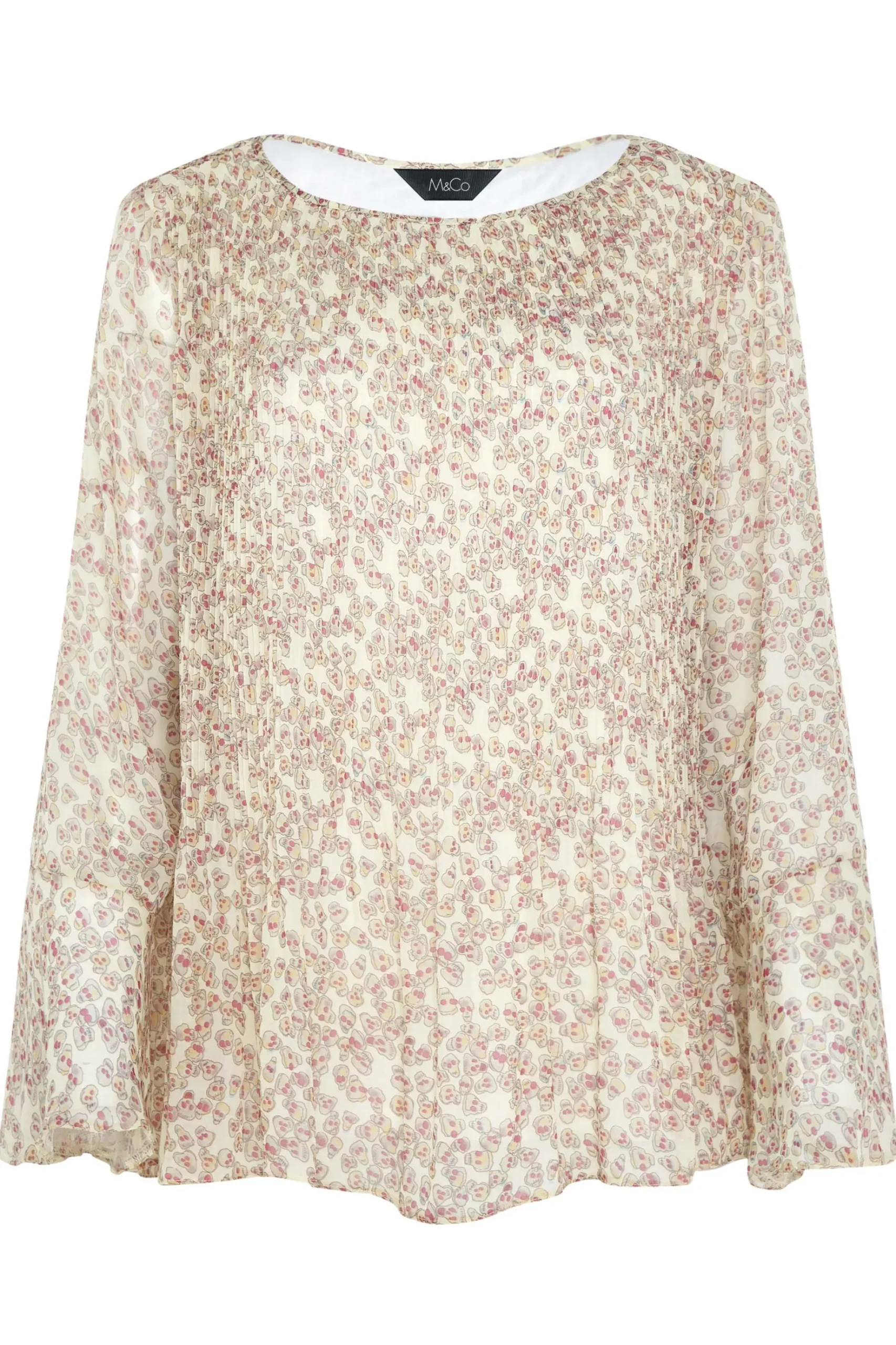 M&Co Womens M&Co Natural Brown Skull Print Pleated Blouse