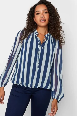M&Co Womens M&Co Navy Blue Stripe Tie Neck Blouse