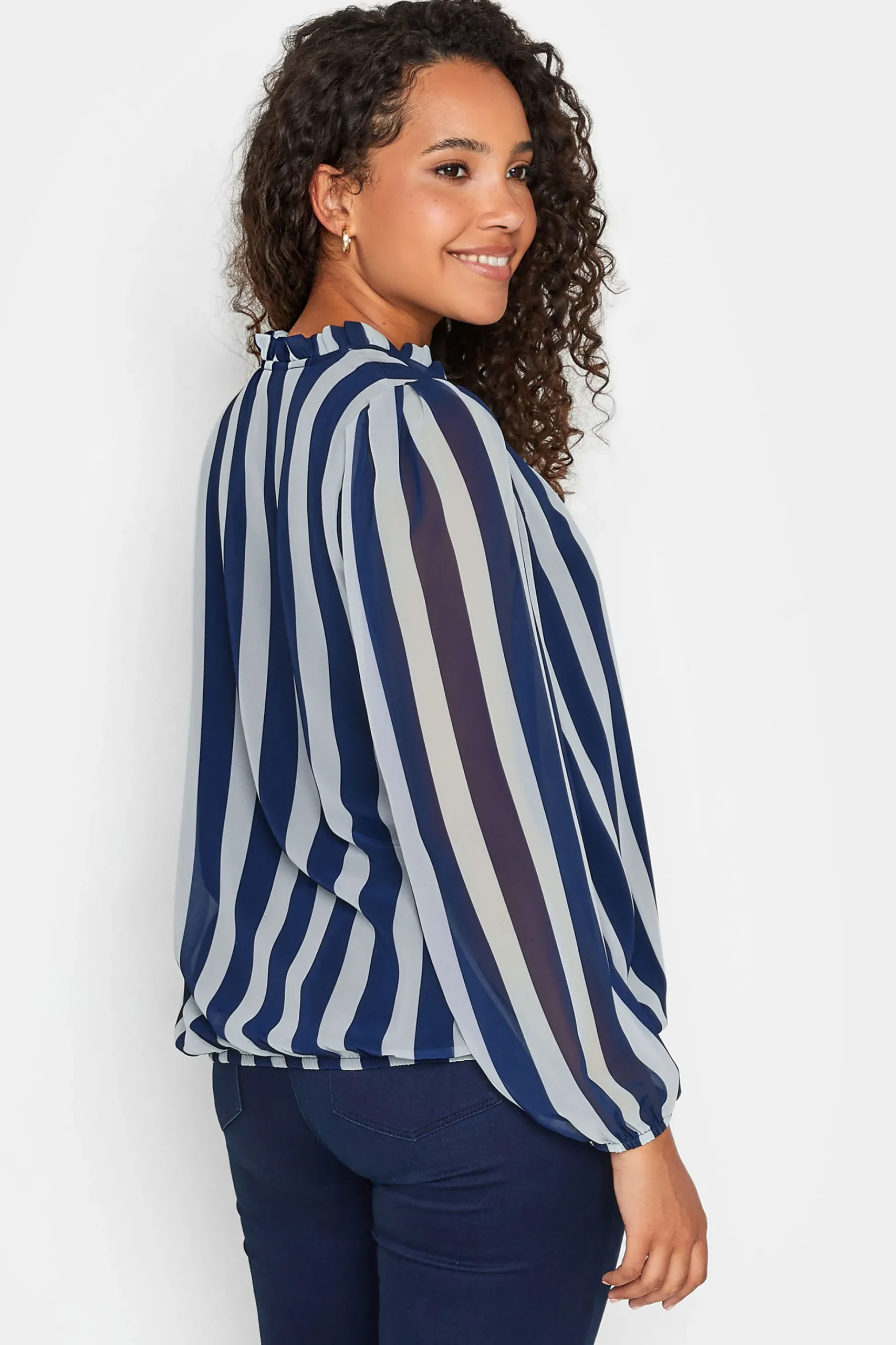 M&Co Womens M&Co Navy Blue Stripe Tie Neck Blouse