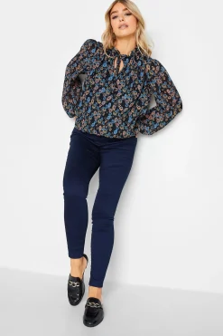 M&Co Womens M&Co Navy Blue Floral Pleated Blouse
