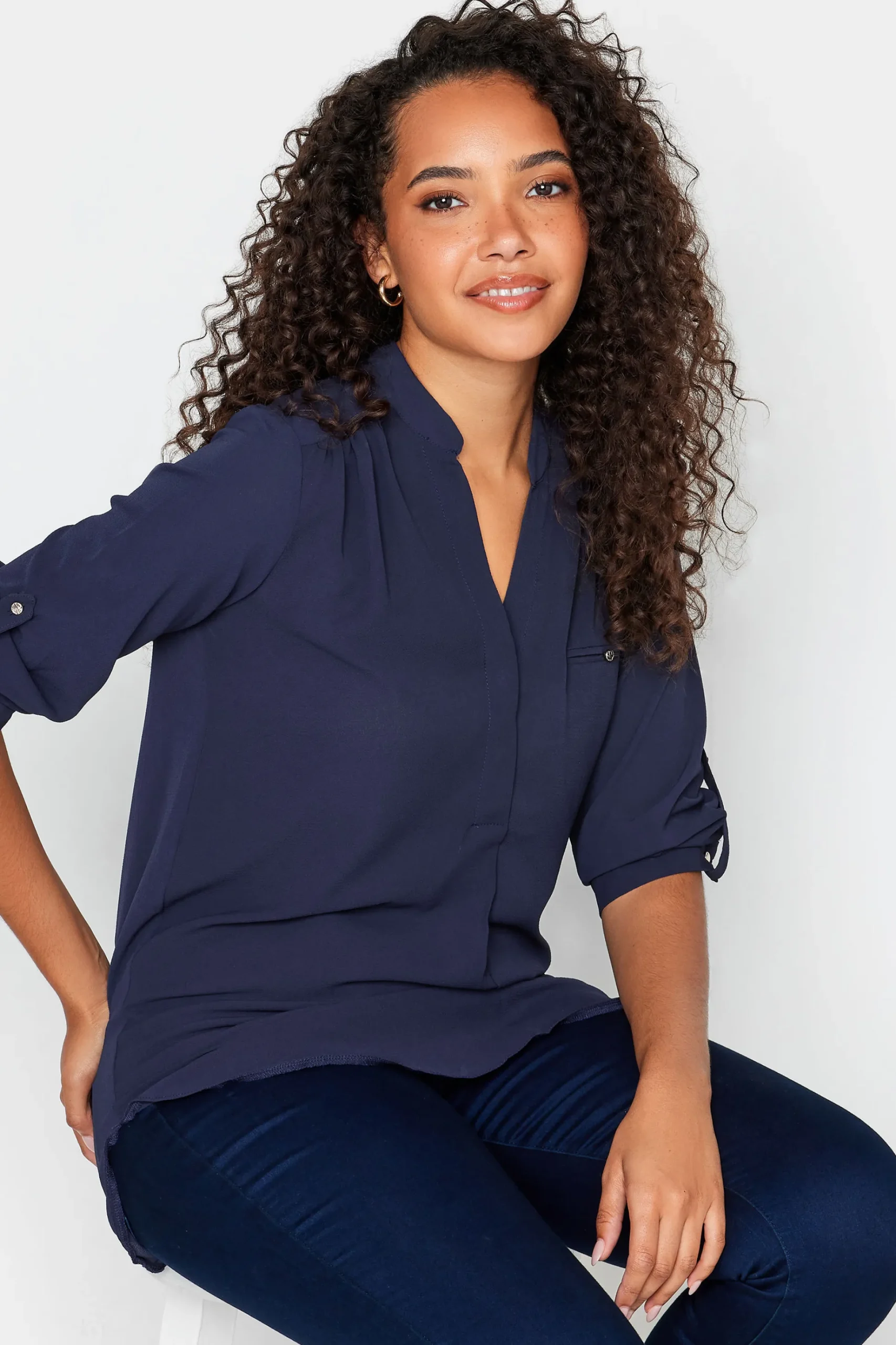 M&Co Womens M&Co Navy Blue Tab Sleeve Blouse