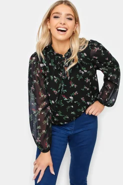 M&Co Womens M&Co Navy Blue Floral Print Tie Neck Blouse